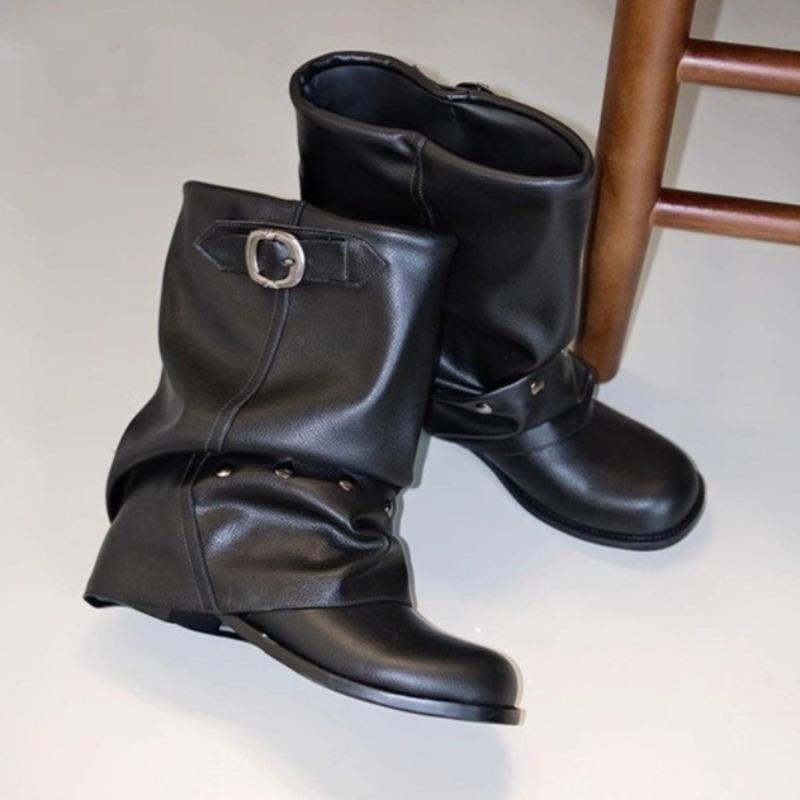 

Studded Belt Buckle Single Boot Fashion Pointed Toe Sleeve Pleated Non-Slip Wear-Resistant Block Heel Shoes 35 чёрный
