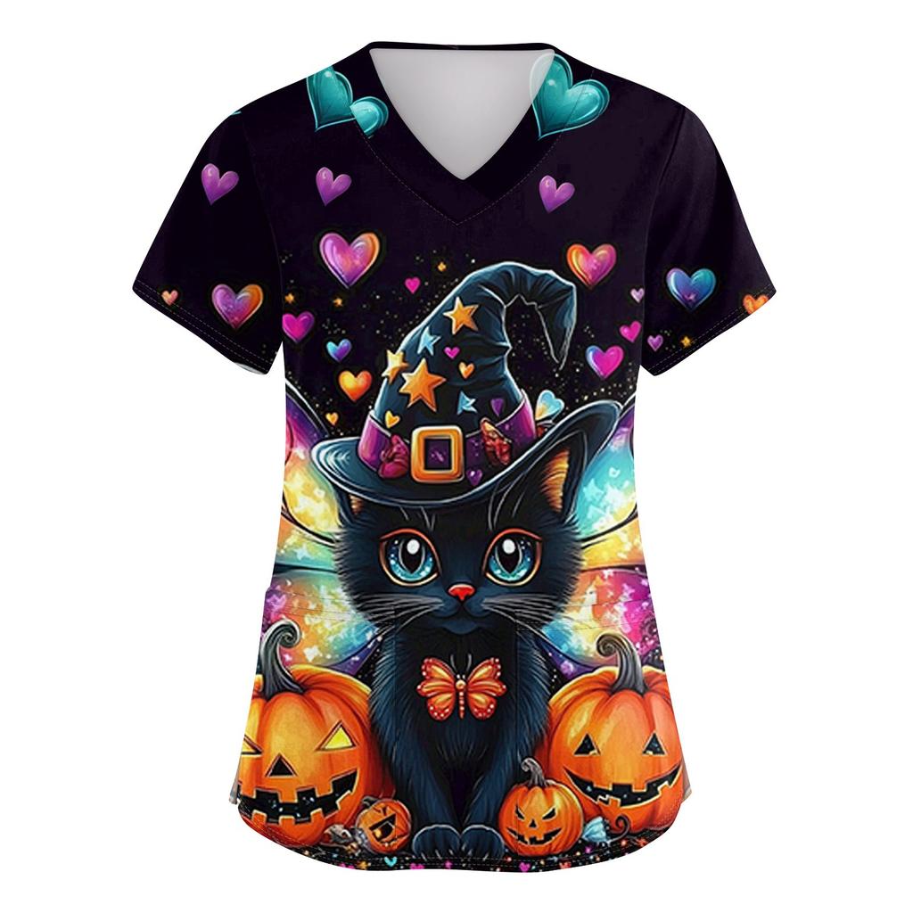 Women's V-neck Halloween Printed Short-sleeved Pocket Side-slit Protective Suit Top