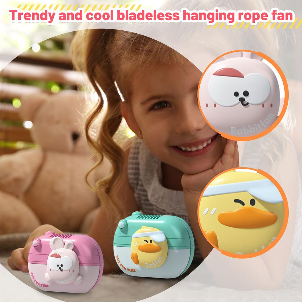 New Cartoon Bladeless Neck-hanging Small Fan With Long Battery Life, Portable USB Charging, Children's Safe Neck-hanging Fan