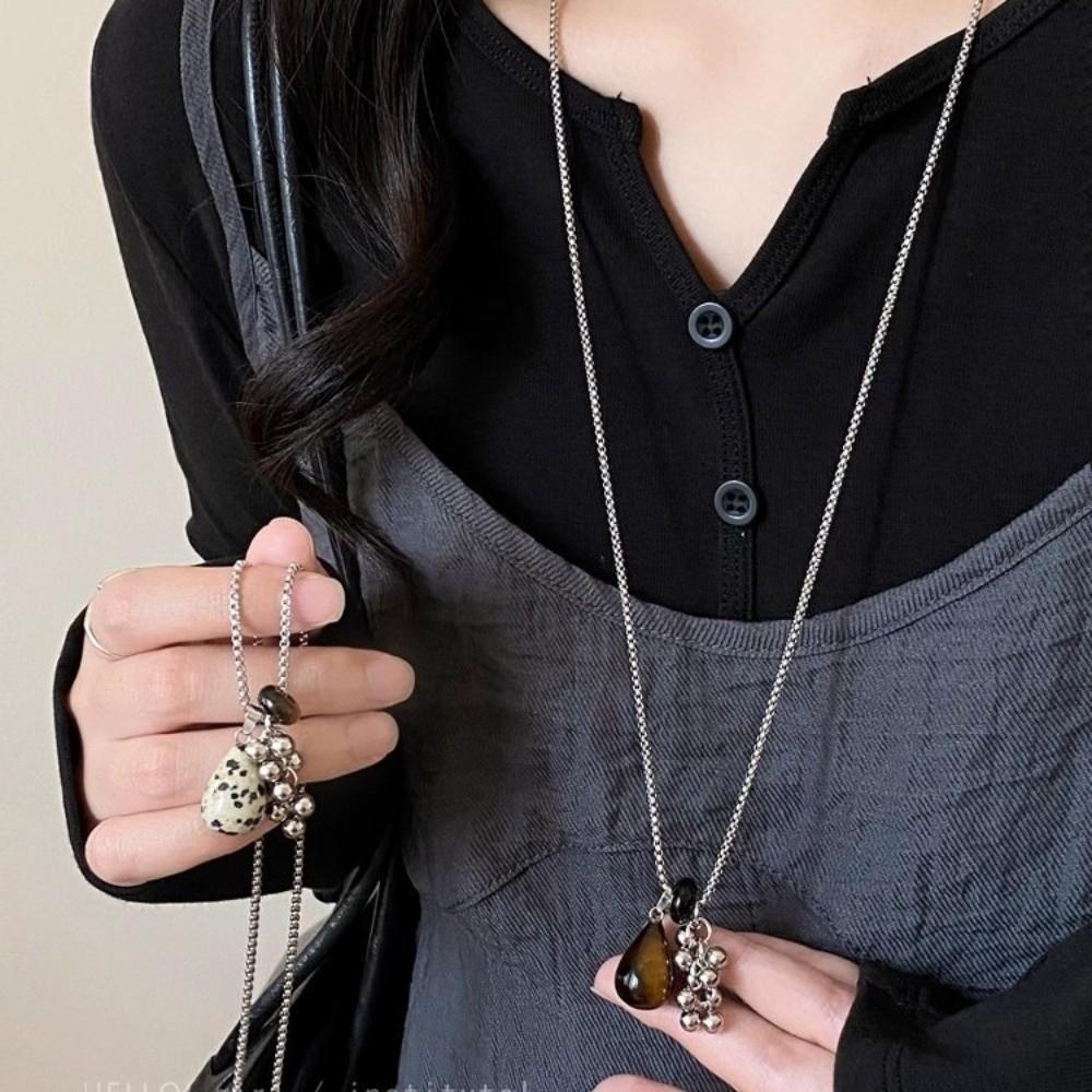Exquisite Spotted Tiger Eye Stone Long Chain Necklace Long Chain Irregular Pendant Long Versatile Clavicle Metal Sweater Chain