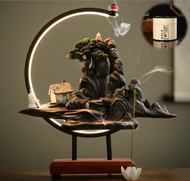 Zen High Mountains and Flowing Water Incense Burner,Sandalwood&Agarwood Incense Lamp for Tea Table Decoration