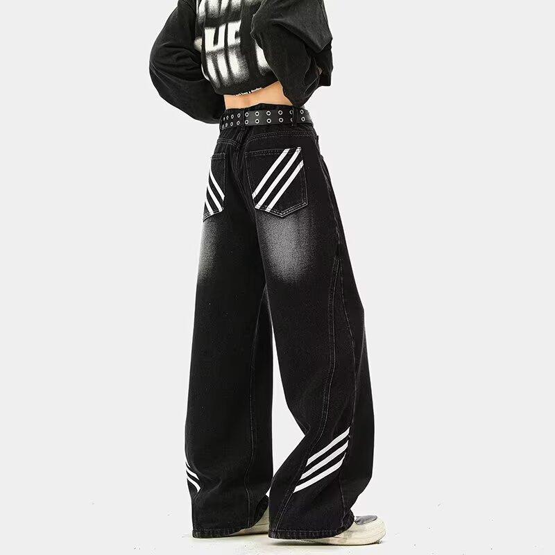 American striped splicing wide-leg jeans men's trend new trendy brand loose washed straight wide-leg trousers