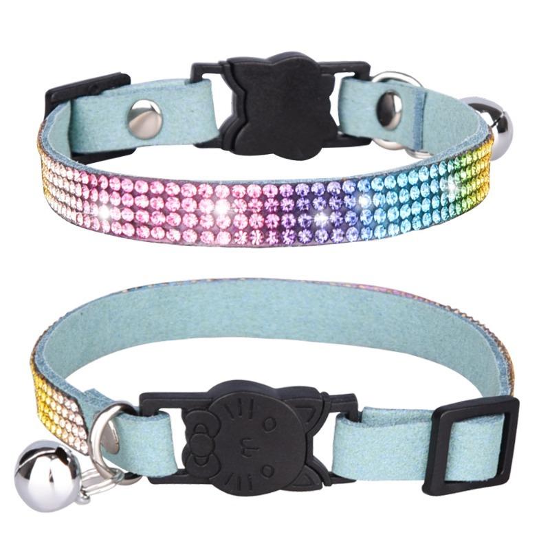 Pet Collar Shiny Rhinestone Color Anti-bridle Suede Soft and Comfortable Bell Style Cat Leash Collar