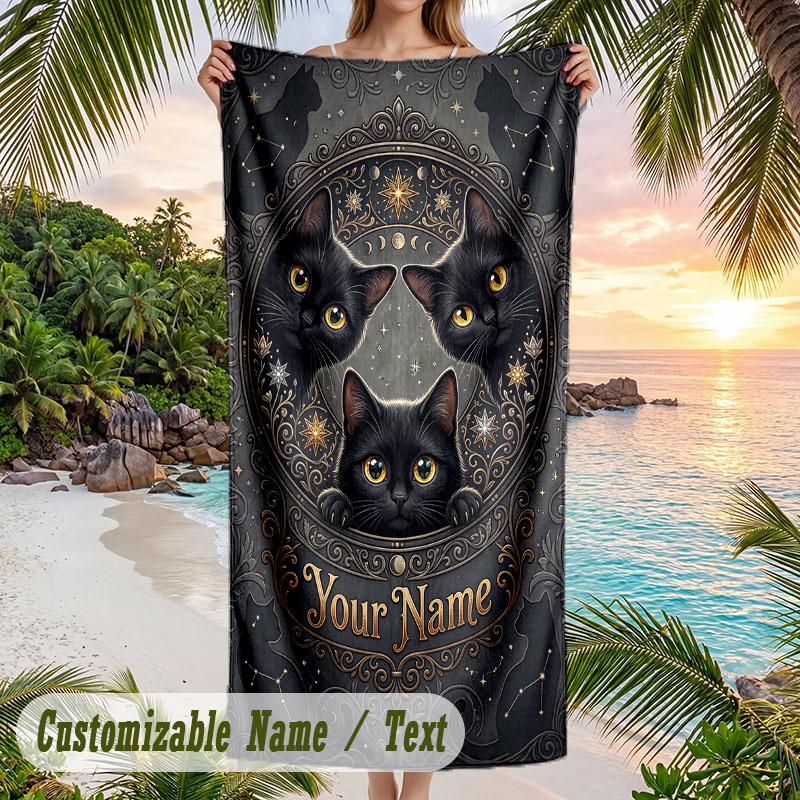 Starry Night Cat Garden Theme Quick Dry Beach Towel Custom Name Text Print Large Sand Resistant Towel Beach Vacation
