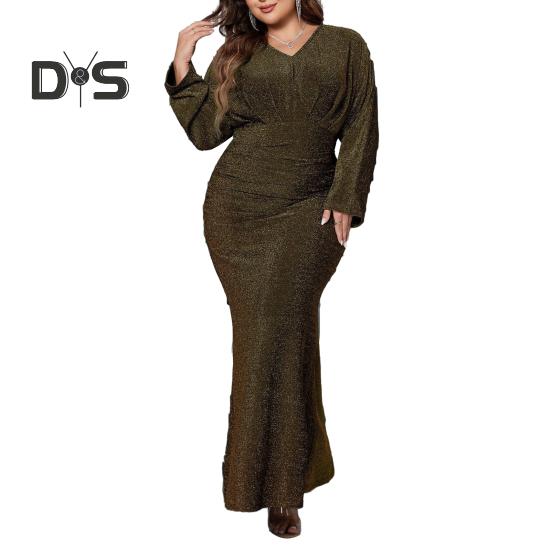 

Плюс Размер Женское Вечернее Платье V-образный вырез Длинный рукав Высокая талия Обтягивающее Длинное Платье Однотонное Блестящее Платье Рыбий Хвост XL золотистый