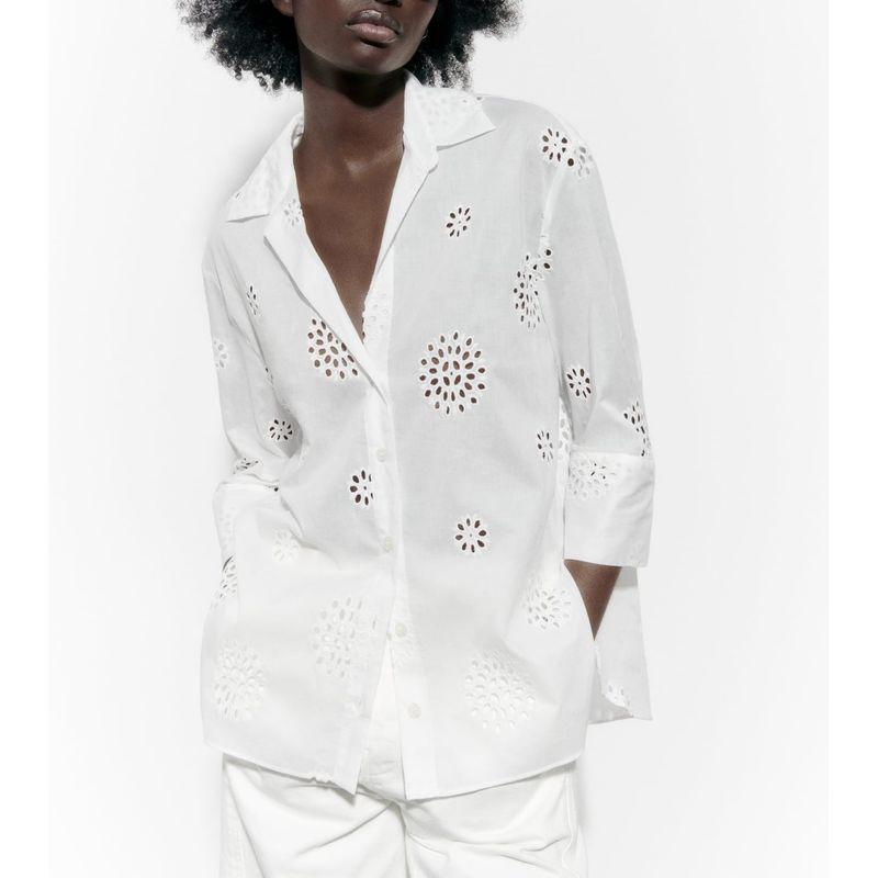 Za Summer New Arrival All-Matching Lapel Decorated Row Button Loose Casual Top Cut Out Embroider Shirt 4043064