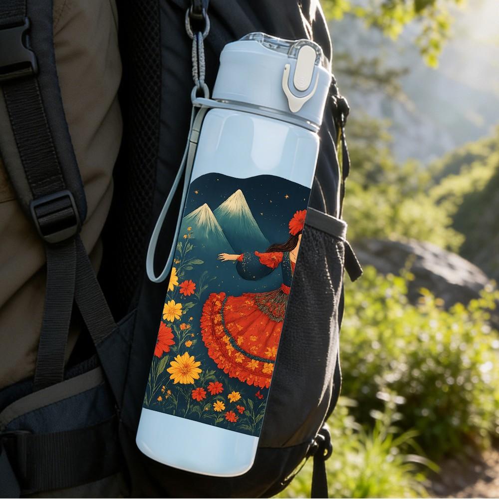 1PC Folk Art Colorful Mask Square 750ml Color Plastic Sports Water Bottle Leakproof Flip Straw Lid Suitable for Sports Office Home Use
