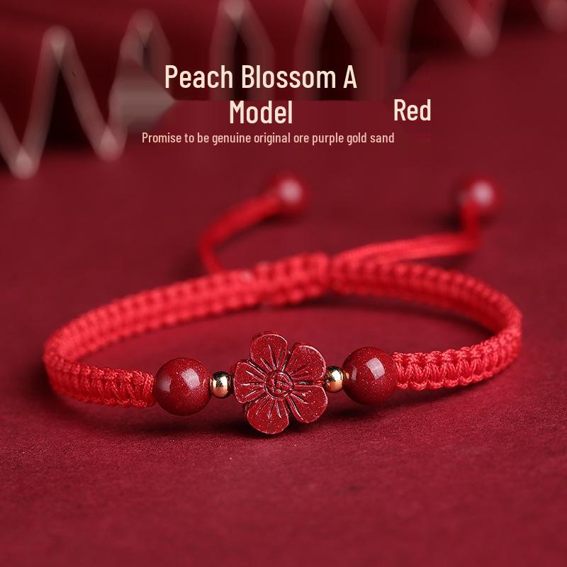 Authentic Cinnabar Four-Leaf Clover Bracelet with Purple Gold Sand and Red Rope for Women and Children