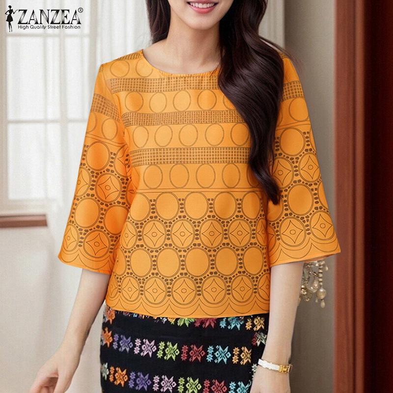 ZANZEA Women Casual Round Neck Summer 3/4 Sleeve Print Blouse