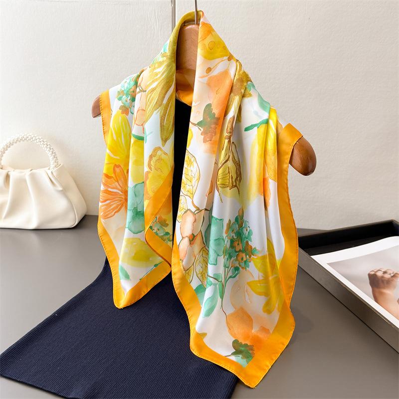 Luxury Floral Printed Square Scarf For Women Imitation Silk Scarves Bandanas Hijab Neckerchief Elegant Shawl Wraps