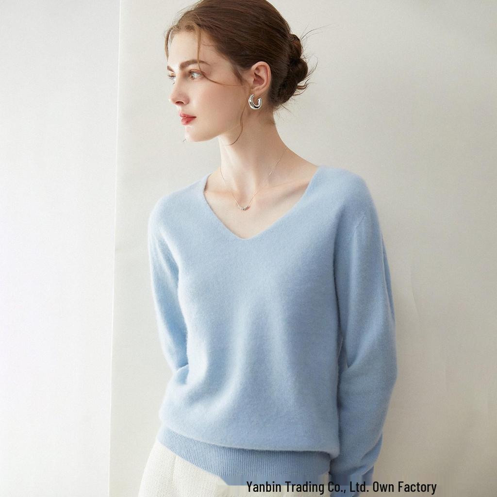 Women's Pure Cashmere V-Neck Pullover Sweater - Knitted, Simple, Versatile Layer
