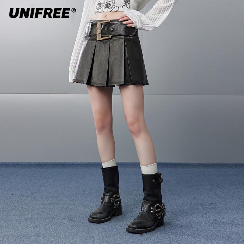 UNIFREE Vintage PU Leather Pleated A-Line Mini Skirt S