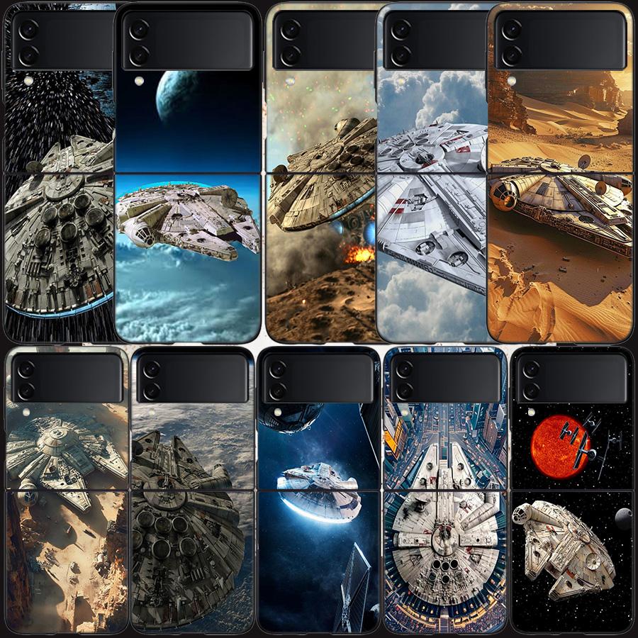 Millennium Falcon in Space Phone Case For Samsung Z Flip 7 6 5G Galaxy Z Flip 5 4 3 Black Hard Cell Cover Luxury PC Shell Coque