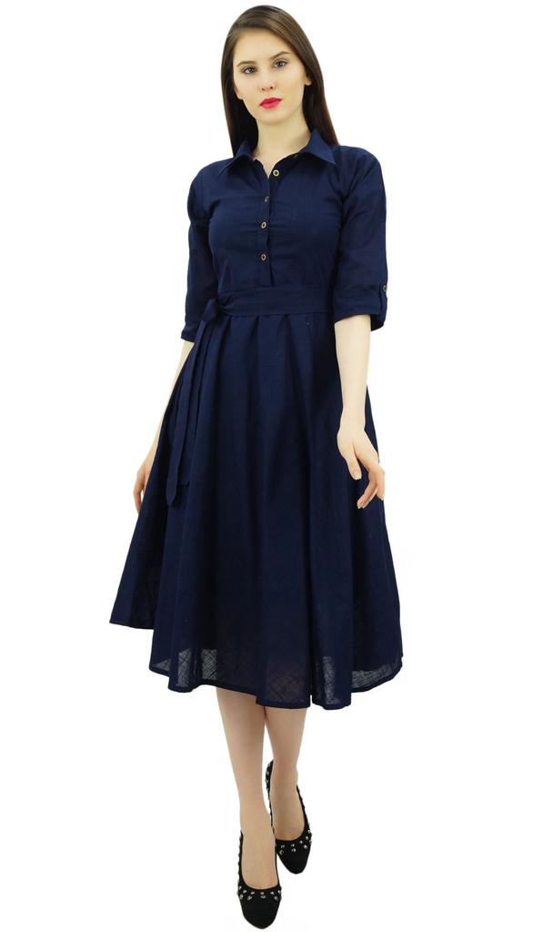 Bimba Women's 3 4 Sleeve Linen Collar Neck Solid Flared Shirt Dress with Side