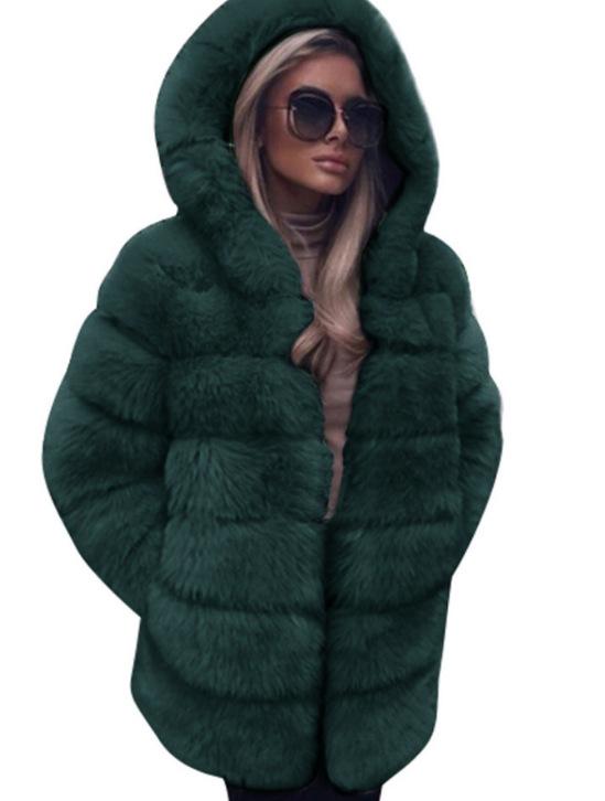 European and American new imitation fur coat imitation fox hair medium and long splicing long-sleeved fur women's coat with hat