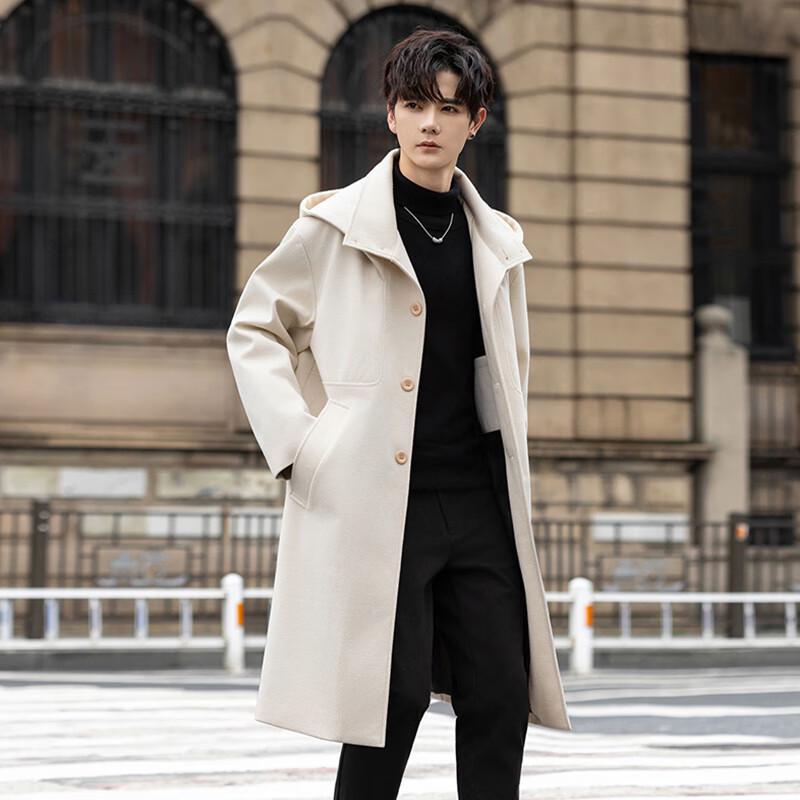 ROMON Men's Mid-Length Hooded Wool Blend Trench Coat