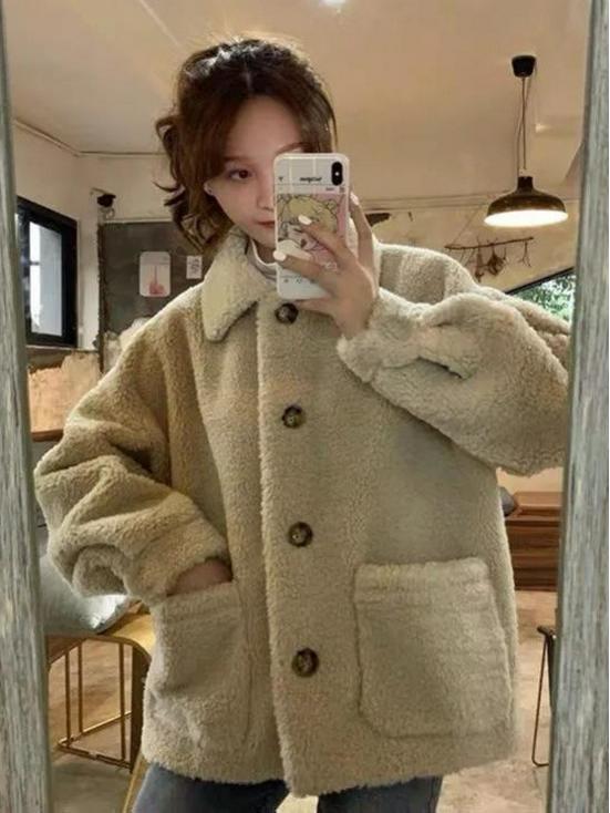 Women's Plush Lapel Coat - Sweet Style, Long Sleeve, Loose Fit, Thickened, Warm Winter Top