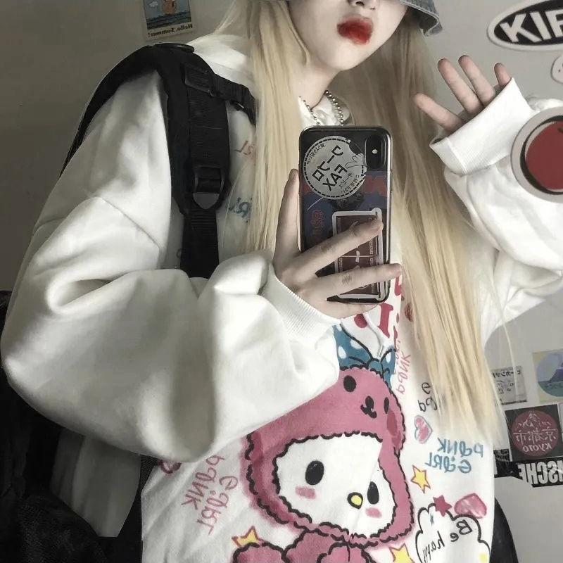 Felpa con cappuccio Kawaii Harajuku per donna Felpa coreana Felpa con stampa Anime Vintage Rosa Felpa con cappuccio oversize Vestiti carini Top per ragazze
