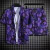 Men's Retro Floral Short-Sleeve Shirt & Beach Shorts Set for Seaside Vacations