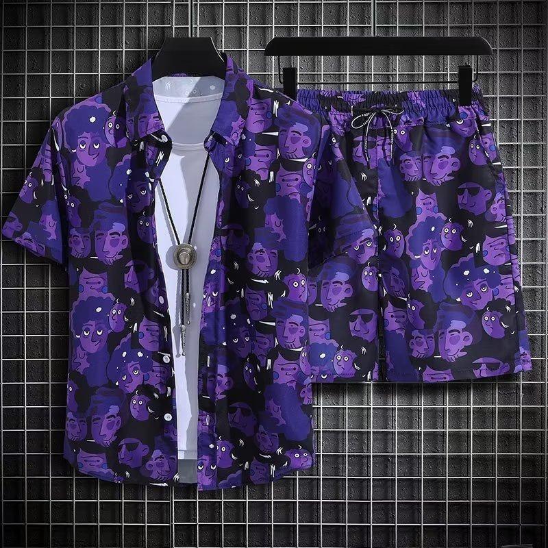 Men's Retro Floral Short-Sleeve Shirt & Beach Shorts Set for Seaside Vacations