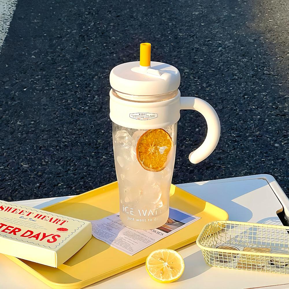 

1100ML Large Capacity Plastic Straw Cup Summer Simple Office Ice Cup Water Bottle With Handle Portable Leak-proof Water Cup білий