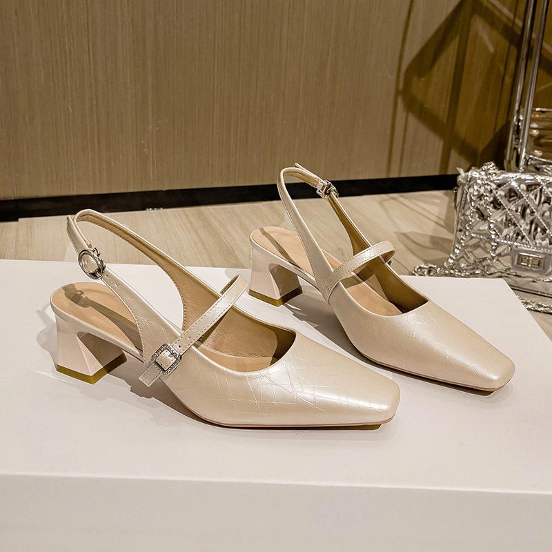 French Mary Jane Shoes High Heels Bag Head Sandals Women's Thick Heels Empty Shoes Summer Silver One-word Buckle with High Heels