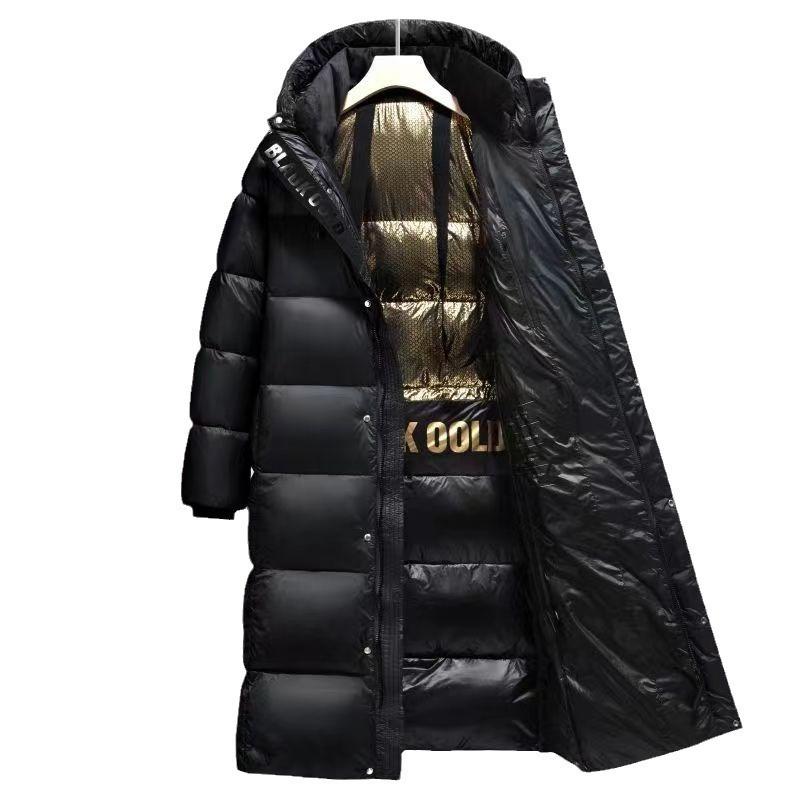 Couple men's and women's down jackets new glossy leave-in black gold long loose knee thickened white duck down jacket