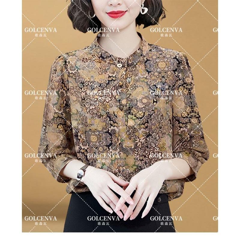 Counter Quality Silk Shirt for Women Spring and Summer Three-quarter Sleeve Fashionable Printed Shirt Loose Mulberry Silk Top