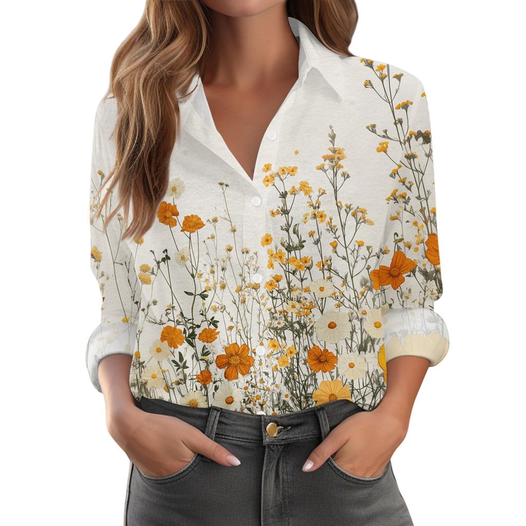 Women's Shirt With Floral Print Buttons, Long Sleeved Casual Regular Shirt Blouses Casual Plus Size Basic Tops