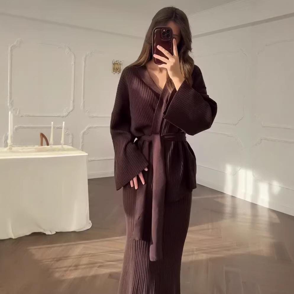 Elegant Knit Lace-up Sweater & Long Skirt Set - 2026 Autumn Collection for Women