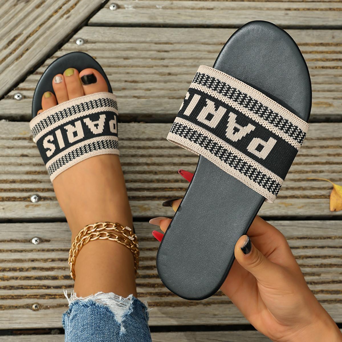 Summer Simple Women s Flat Sandals Embroidered Letter Outdoor Casual Flat Slippers 36