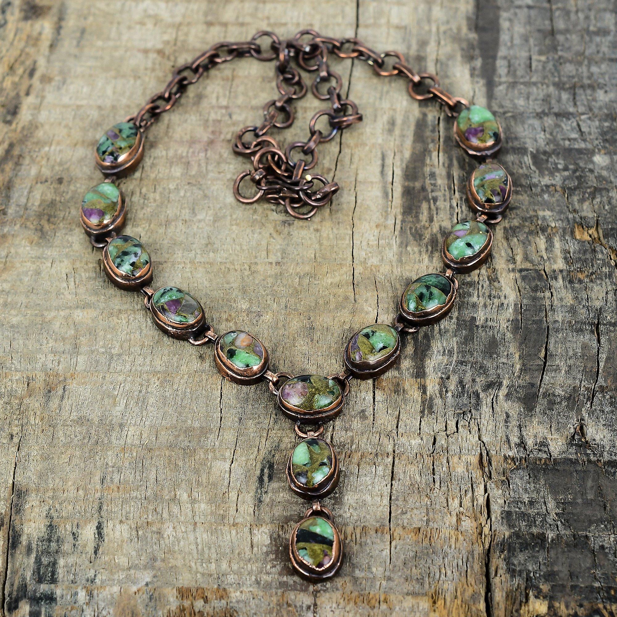 

Медное рубиновое цоизитовое ожерелье, гальванопластика, регулируемая цепочка из меди, ожерелье из драгоценных камней ручной работы, гальванопластические украшения, свадебные подарки Adjustable