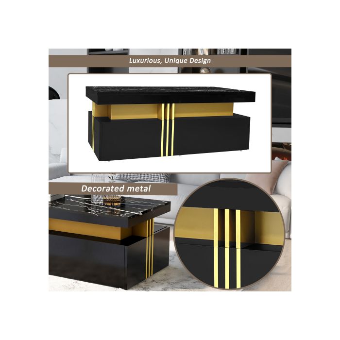 Table basse moderne - MUVOE - Rectangulaire - 2 tiroirs en bois - Plateau en marbre - Brillant