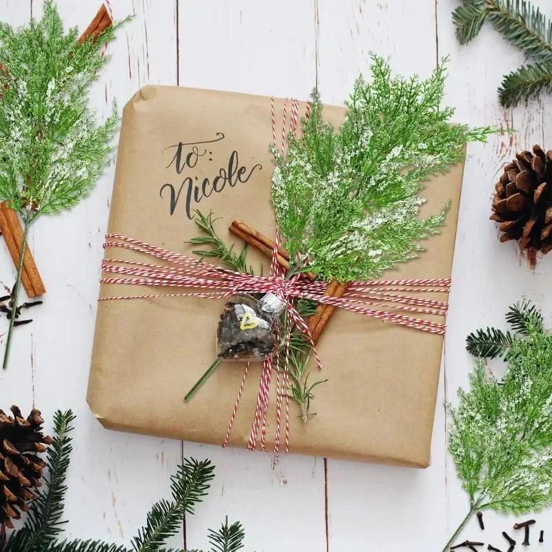 Artificial Frosted Pine Branches Christmas Plastic Fake Snow Sprigs Pine Leaves DIY Wreath Xmas Tree Ornaments Party Plant Decor
