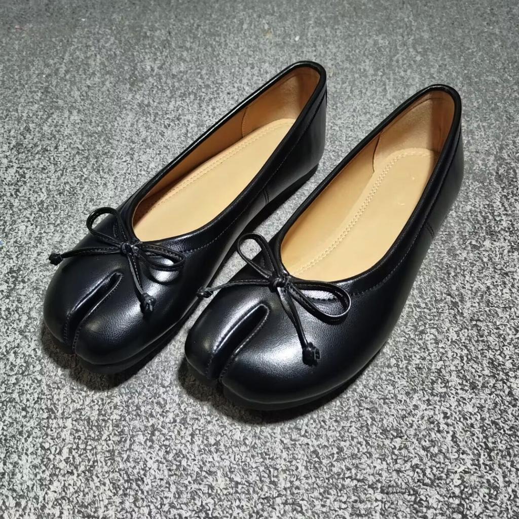 Split-toed shoes women's evening breeze gentle soft leather pig's trotters shoes shallow mouth flat shoes bow single shoes small leather shoes