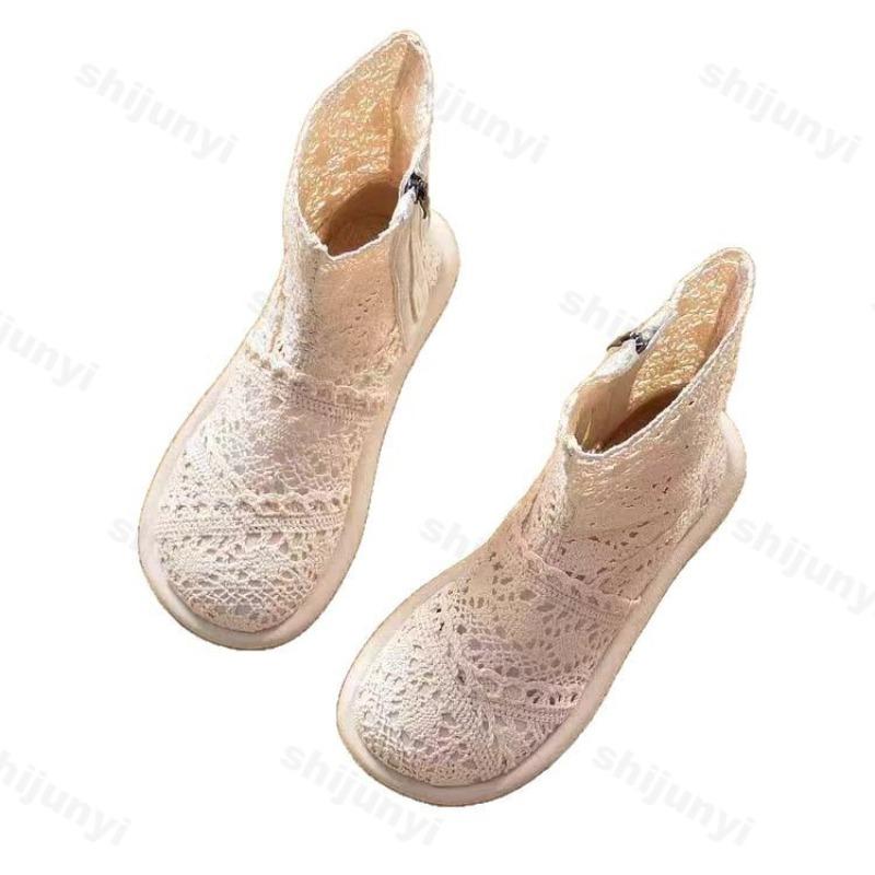 Fashion 2025 Woman Ankle Cool Boots Women's Knitted Cotton Hemp Hollow Mesh Sandals Ladies Comfortable Flat Bottom Soft Soled Shoes