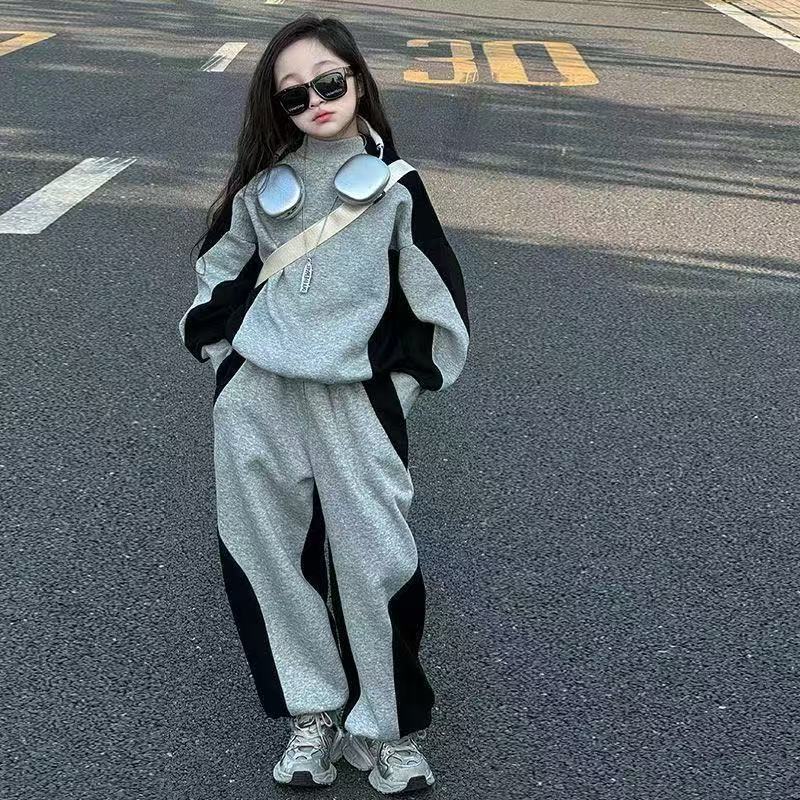 Girls Spring and Autumn Clothes Suit Child Loose Patchwork Sweatshirt T-shirt Top + Pant Tracksuit