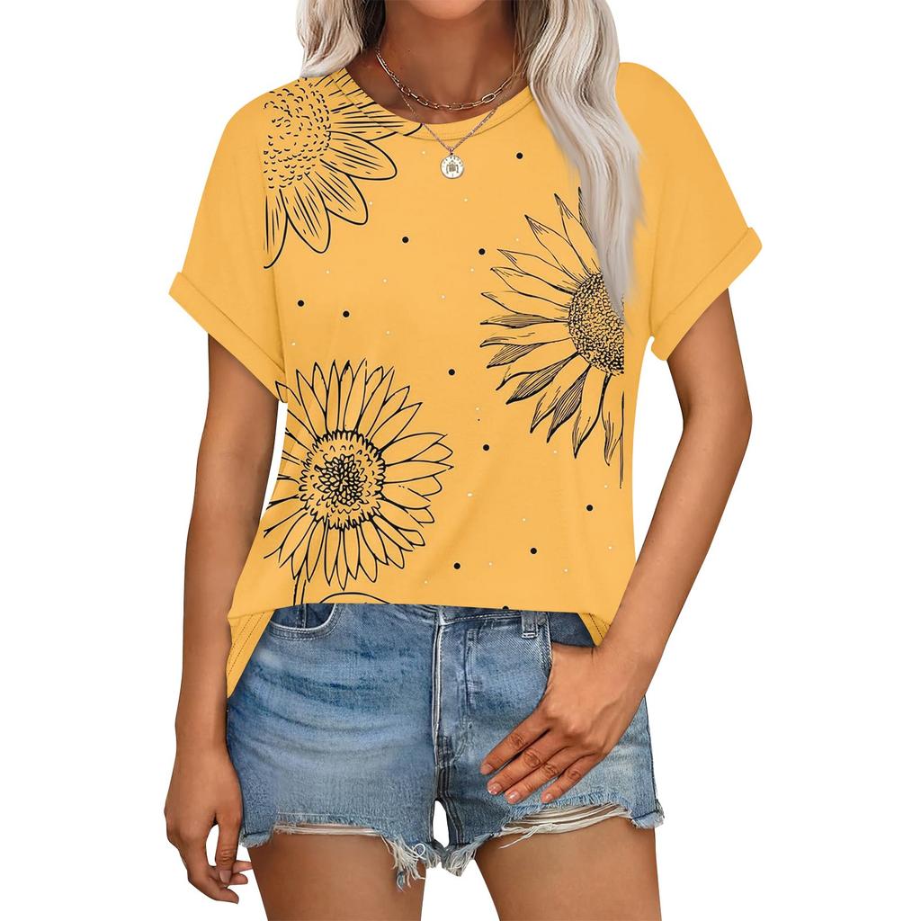 Haut Floral Décontracté Mode Femme Col Rond Manches Courtes Ourlet Roulotté