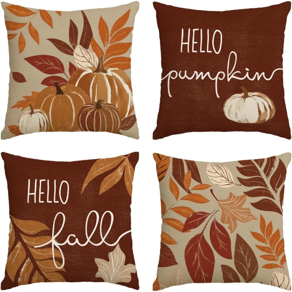 Tonnika Chen Unisex Hello Fall Pumpkin Leaves Pillow Covers, 18 X 18 Inch Seasonal Thanksgiving Harvest Cushion Case Decoration For Sofa