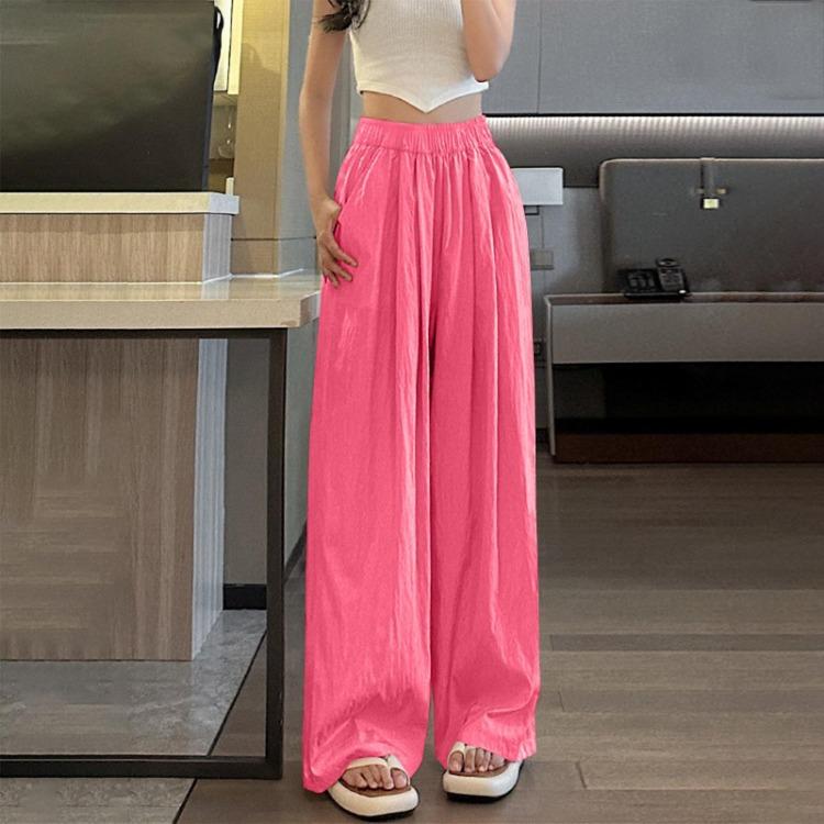 Ice Silk Womens Casual Wide Leg Pants Loose Solid Color Wrinkled