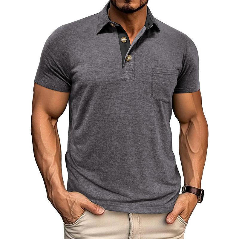 Summer Mens Short Sleeve Turn Down Collar T-Shirt Fashion Patchwork Polos Man