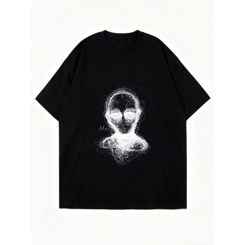 Oversized T Shirt Black Abstract Alien Face Print Casual Streetwear Fashion Top for Women and Men