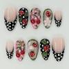 Set of 24 Black French Nails Adorned with White Polka Dots, Featuring Charming Ladybug Tips And 3D See-Through Flowers, Perfect for Ladies