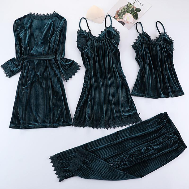 

Осенне-зимний бархатный комплект из 4 предметов пижамы, интимное белье, женский сексуальный халат, комплект невесты, халат, кимоно, ночная рубашка, домашняя одежда, одежда для сна 2XL