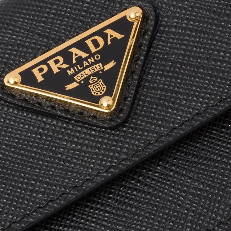 Prada Enamel Metal Triangle Logo Snap Closure Saffiano Leather Card Holder Women Card Holder Black 1MF028_QHH_F0002