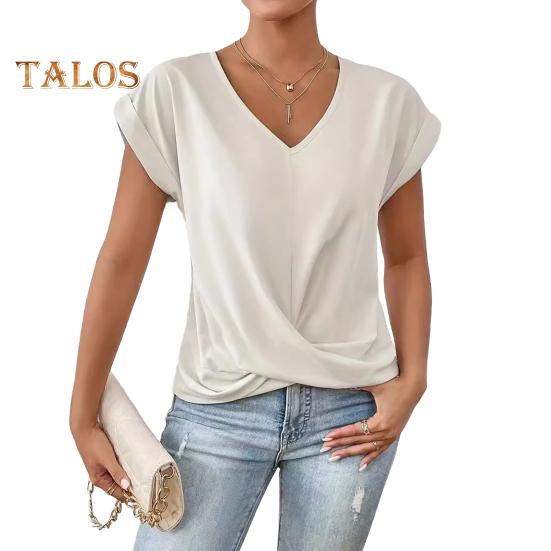 Dámské topy s výstřihem do V, s krátkým rukávem, s mačkaným designem, tričko jednobarevné, volného střihu, s křížovým plisováním, pro každodenní nošení