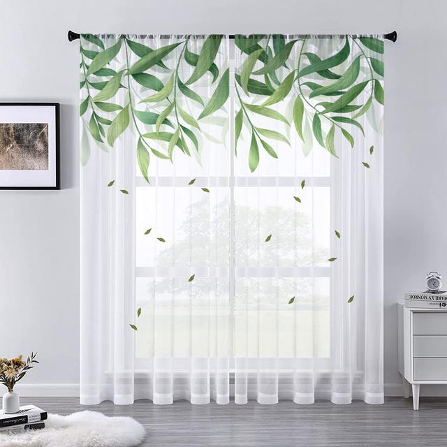Watercolor Floral Nordic Leaves Sheer Voile Curtain For Living Room Bedroom Kitchen Window Transparent Chiffon Tulle Curtains