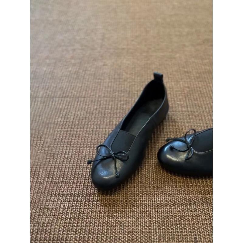Round head bow ballet single shoes shallow mouth one pedal grandma shoes flat Mary Jane shoes