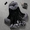 Moda Invernale Donna Cappotto con Cappuccio Peloso Caldo Pelliccia Bianco Nero Coniglio Pelliccia di Visone Casual Soprabito (Taglie forti S-5XL)