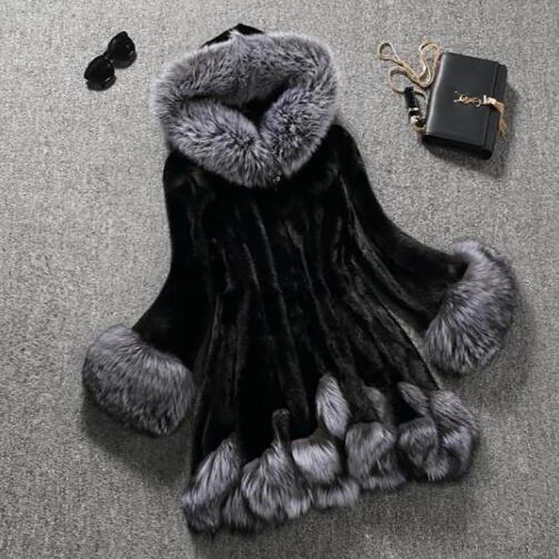 

Зимнее модное женское пушистое пальто с капюшоном, теплое меховое белое, черное пальто из меха норки кролика, повседневное пальто (Плюс Размер S-5XL) XXL чёрный